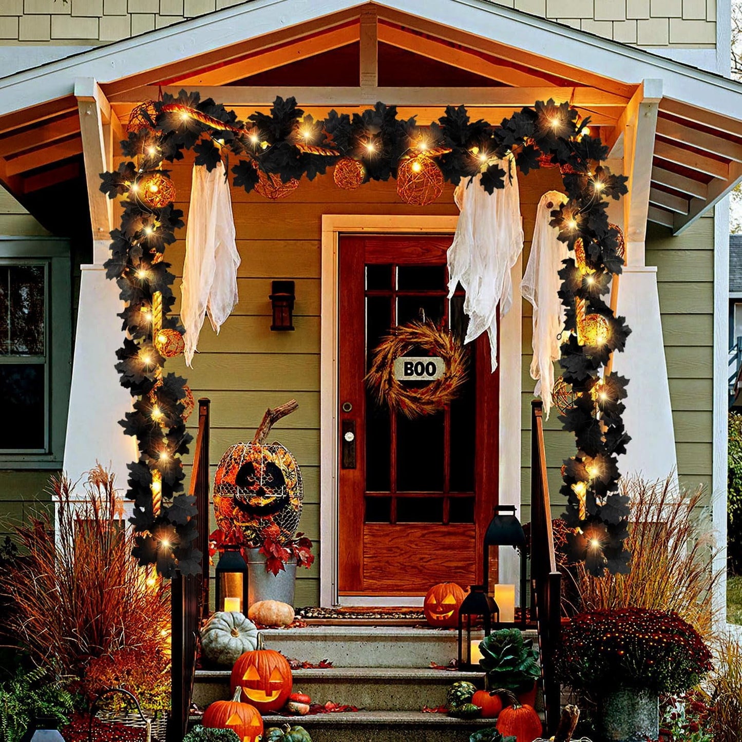 TETOU 2PCS Black Maple Leaf Garland with Warm Lights,5.7Ft Halloween Artificial Hanging Fall Leave Vines for Fall Halloween Party Home Mantle Wall Indoor Outdoor Decoration