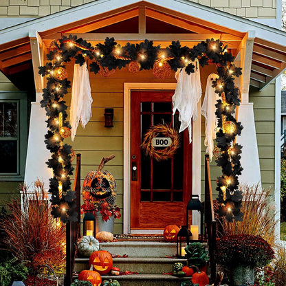 TETOU 2PCS Black Maple Leaf Garland with Warm Lights,5.7Ft Halloween Artificial Hanging Fall Leave Vines for Fall Halloween Party Home Mantle Wall Indoor Outdoor Decoration