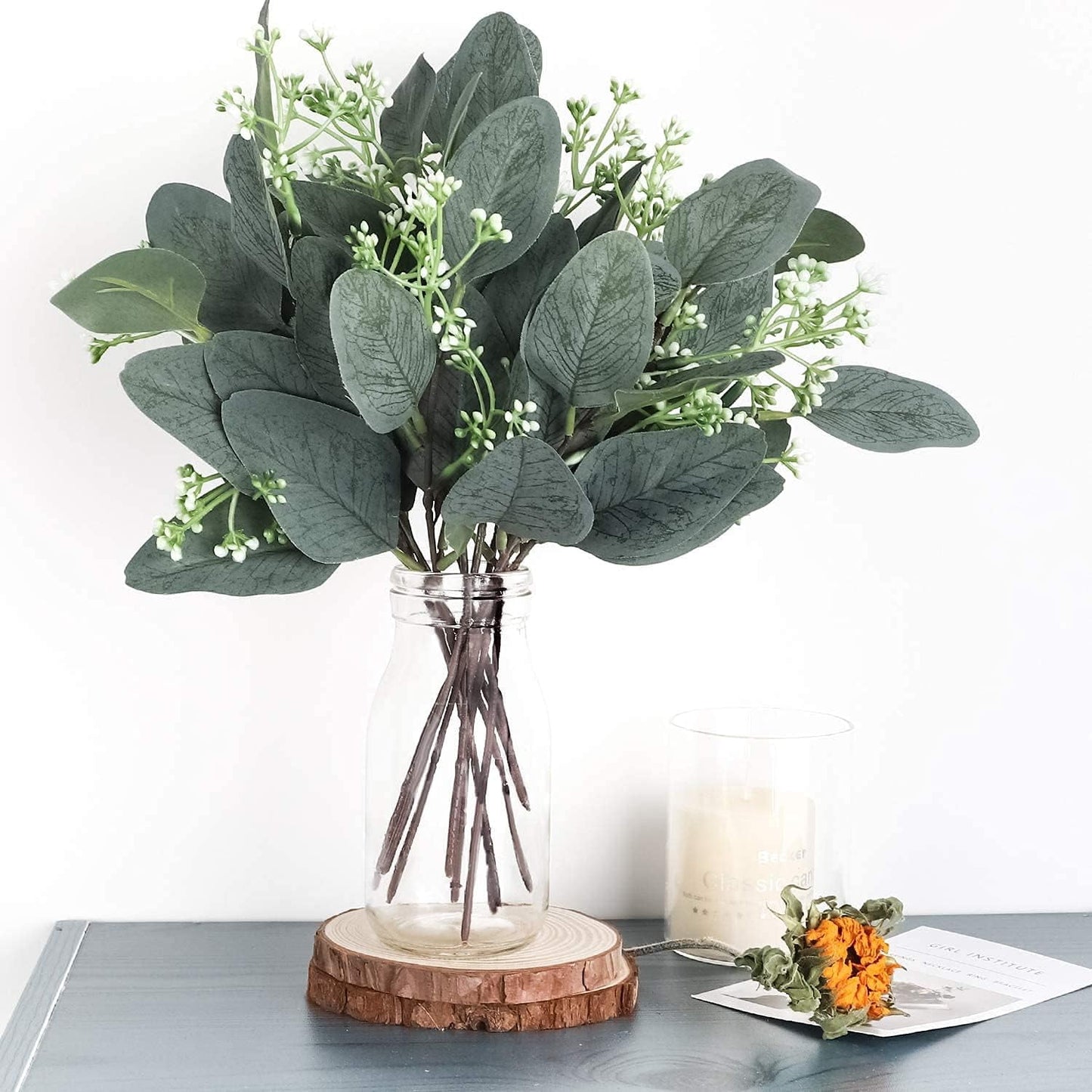 TETOU 24pcs Artificial Eucalyptus Leaves Stems with White Seeds Greenery Plants Flower Arrangement Wedding Home Decor