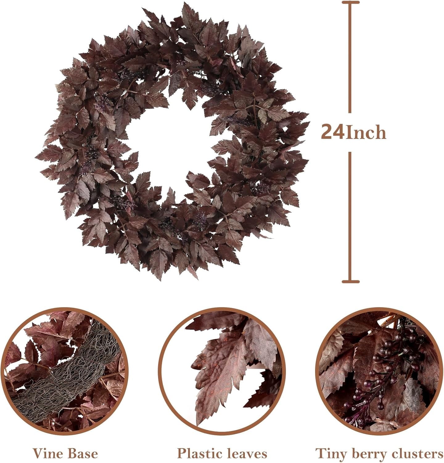 TETOU 1pc 24" Artificial Cimicifuga Wreath,Fall Faux Plum Cimicifuga Ramosa Leaf Wreath for Autumn Harvest Halloween Home Door Wall Farmhouse Mantel Decor