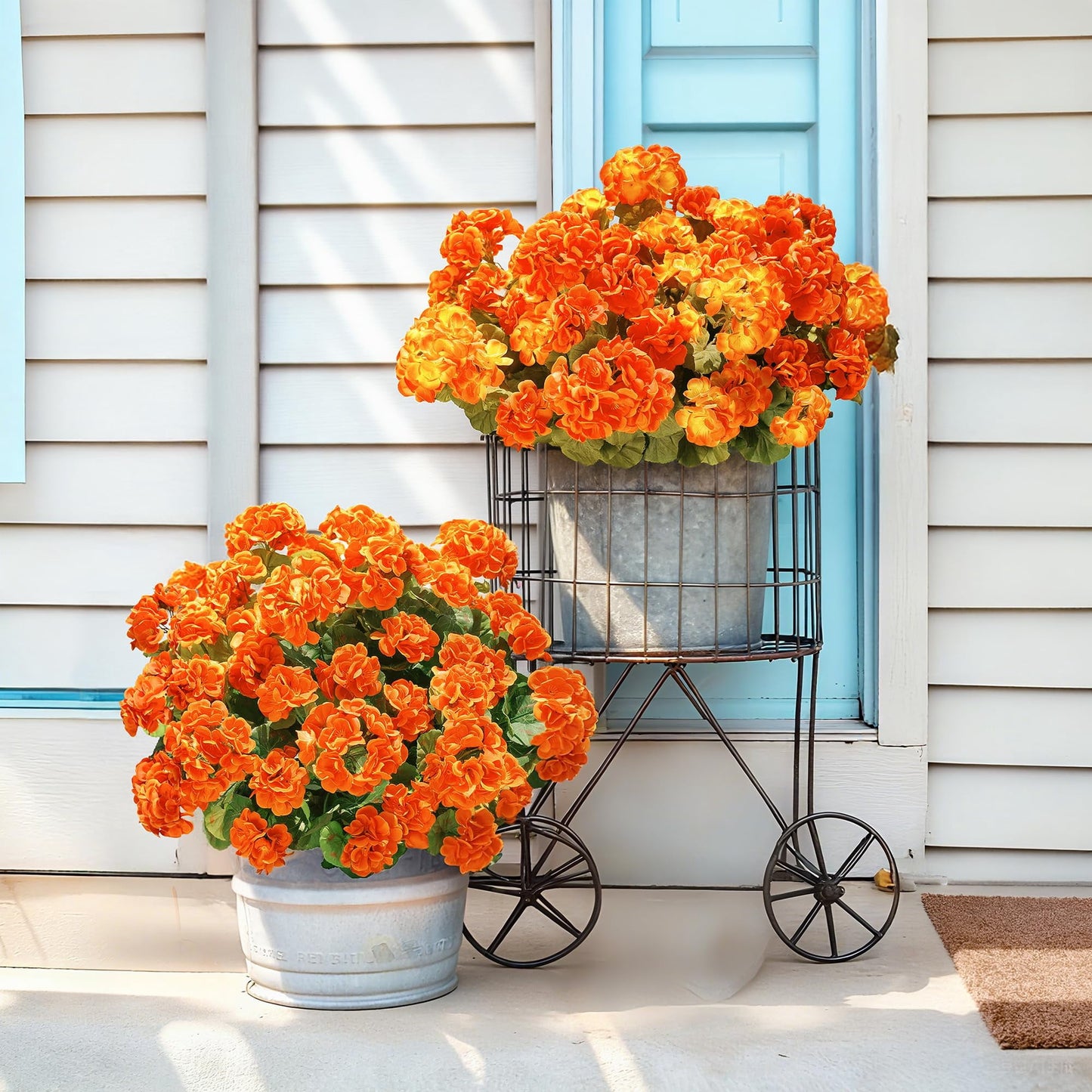 TETOU 6pcs Outdoors Artificial Fake Geranium Flowers, UV Resistant Faux Silk Geranium Flowers for Fall Halloween Outside Planter Garden Home Yard Kitchen Table Centerpieces Decoration(Orange)