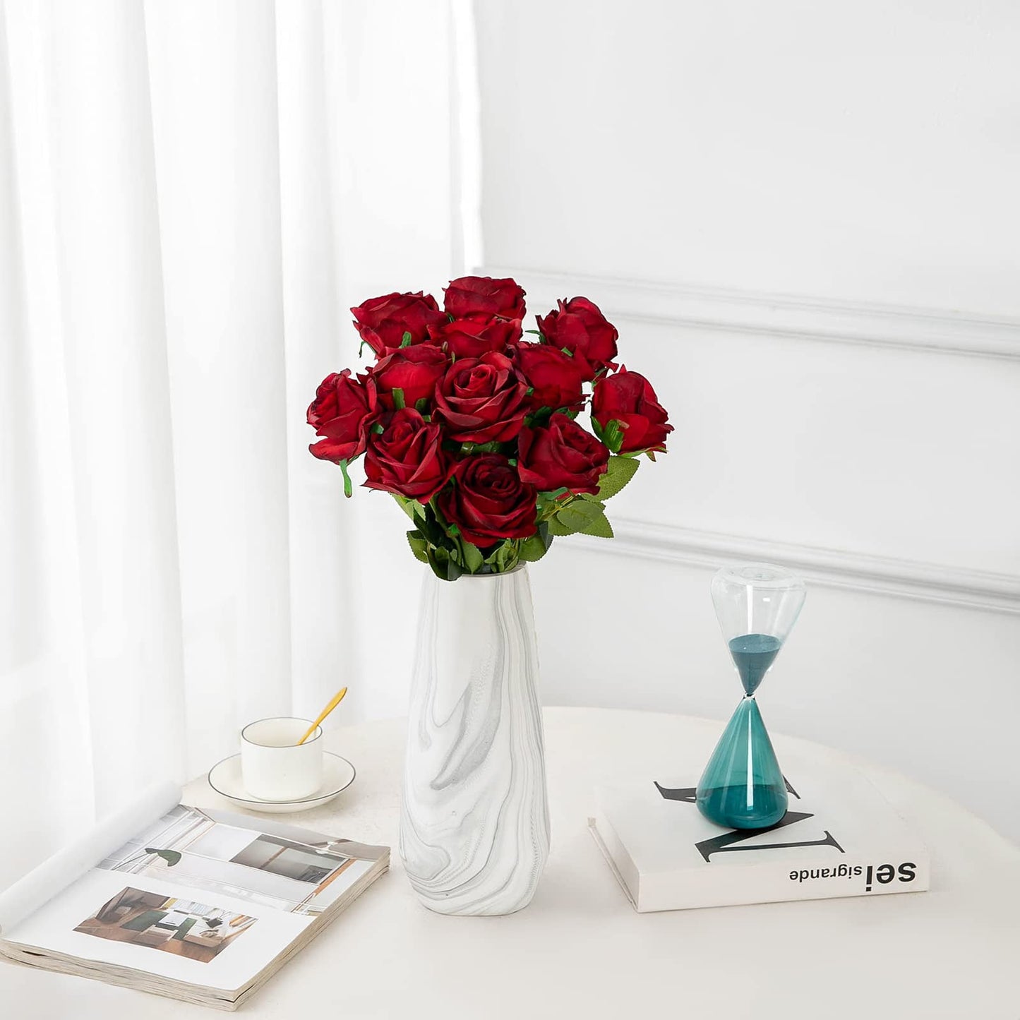TETOU 12pcs Artificial Rose Flower Silk Fake Roses Real Touch for Party Wedding Centerpiece Bouquet Decor - Wine Red