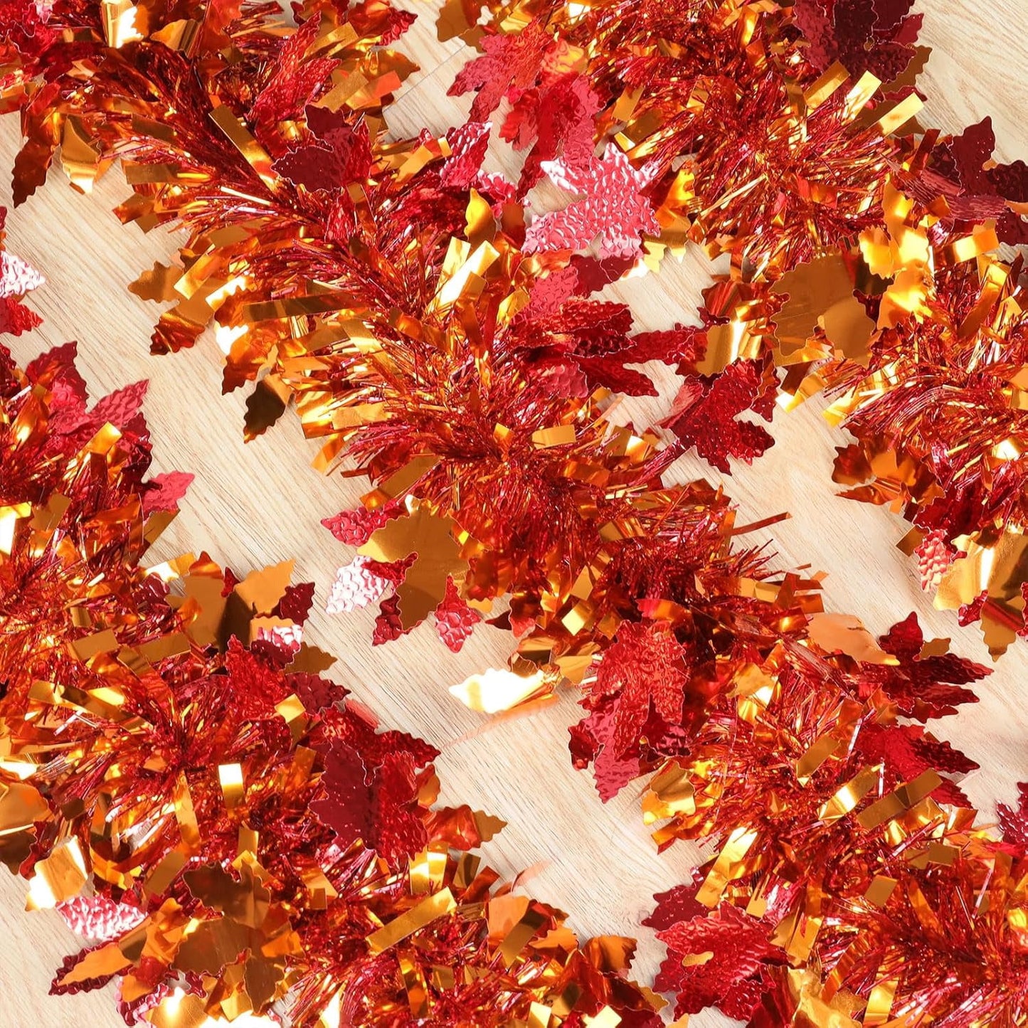 TETOU Fall Maple Leaves Garland Decor,50Ft Orange Glitter Tinsel Fall Garland for Autumn Tree Home Fireplace Halloween Thanksgiving Party Indoor Outdoor Decoration