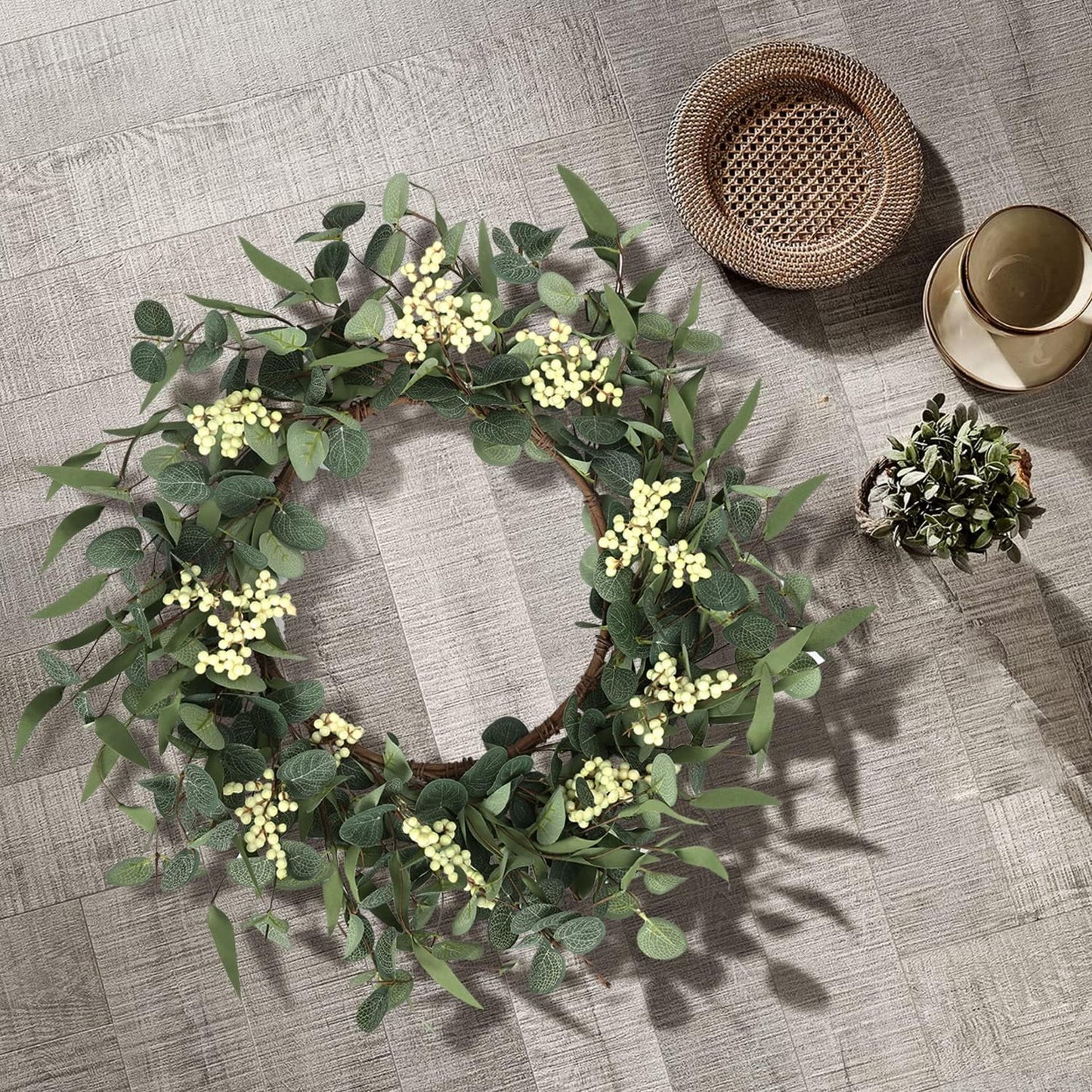 TETOU 20" Artificial Wreath, Eucalyptus Wreath, Spring Summer Wreath for Front Door Outside Farmhouse Decor Eucalyptus Wreath Window Hanging Wall Party Decorations