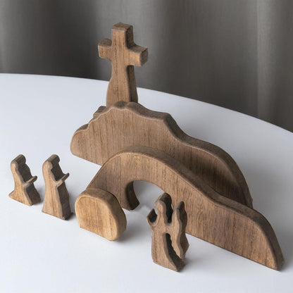 TETOU 7pcs Easter Scene and Cross Decoration, Wooden Easter Resurrection Scene Cross Jesus Tomb Tray Set,Jesus Nativity Scene Decor for Easter Religious Home Office Tabletop Christian Gifts