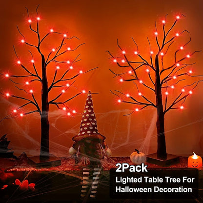 TETOU 2pcs-24inch Halloween Lighted Birches Tree,Total 24 LED Battery Operated Artificial Black Spooky Tree with Timer Hallowe'en Decoration for Fall Home,Bedroom,Office,Wedding,Indoor Party-Orange