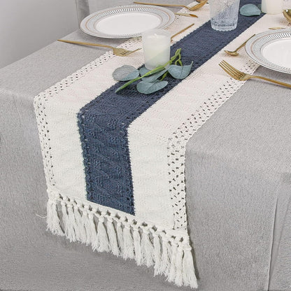 TETOU Boho Blue Table Runner with Tassels 72 Inches Long Macrame Farmhouse Table Runners for Home Decor Party Bohemian Rustic Bridal Shower Dining Decorations(12x72 Inches)