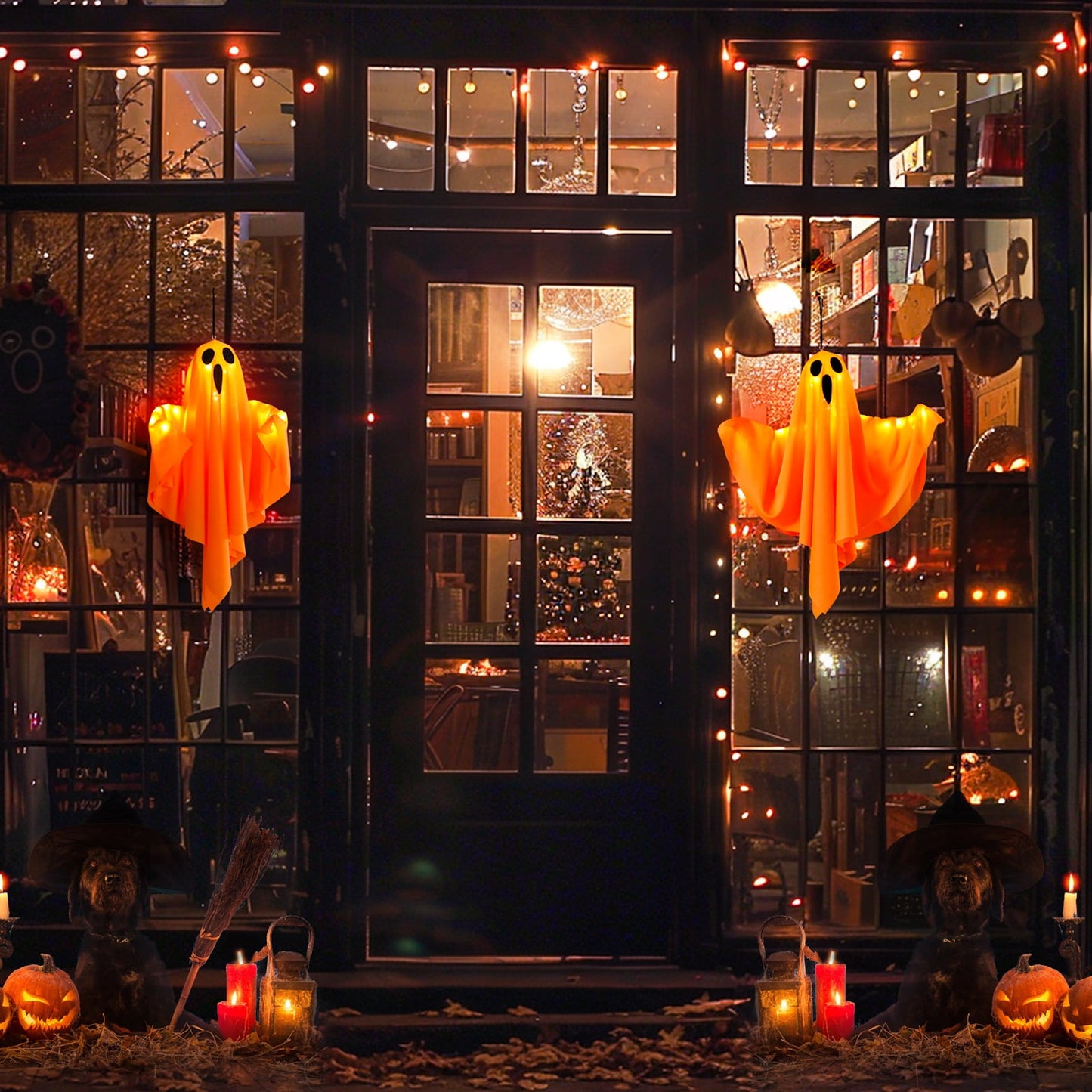 TETOU Hallowe'en LED Hanging Ghosts, 19.68" Cute Glowing Flying Ghost for Hallowe'en Party Front Yard Patio Lawn Garden Holiday Decor - Orange