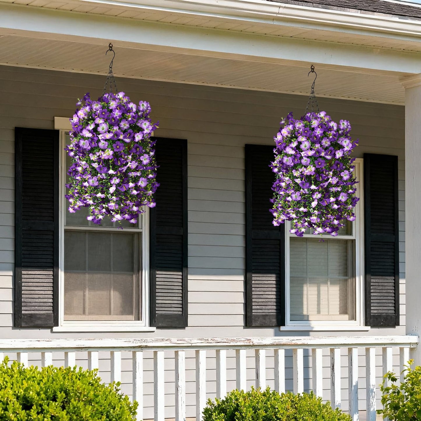 TETOU 2pcs Outdoor Artificial Fake Hanging Flowers, UV Resistant Morning Glory with Eucalyptus Leaves Faux Flowers for Spring Summer Outside Balcony Porch Patio Yard Garden Decoration(Double Purple)