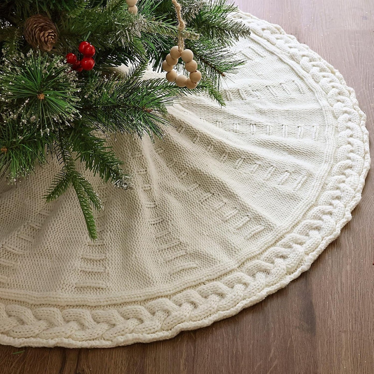 TETOU 36In Knitted Christmas Tree Skirt, Cream White Tree Skirt, Braided Cable Knit Thick Rustic Christmas Tree Decorations, Farmhouse Christmas Decor Xmas Holiday Home Party Decorations