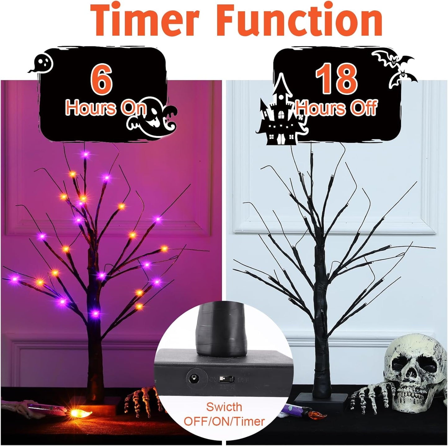 TETOU 2pcs-24'' Halloween Lighted Birches Tree,Total 24 LED Battery Operated Artificial Black Spooky Tree with Timer Halloween Decoration for Fall Home Bedroom Wedding Indoor Party-Orange Purple