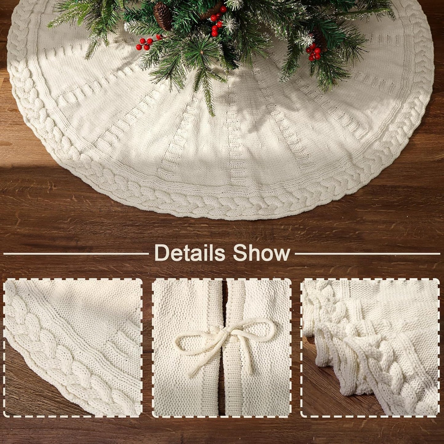 TETOU 48In Knitted Christmas Tree Skirt, Cream White Tree Skirt, Braided Cable Knit Thick Rustic Christmas Tree Decorations, Farmhouse Christmas Decor Xmas Holiday Home Party Decorations