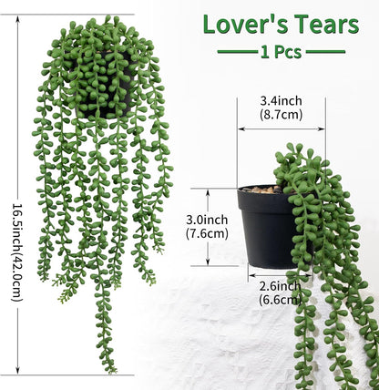 GUISANTO Fake Plants Indoor Artificial String of Pearls Plant in Black Pots, Realistic Green Faux Succulent Hanging Plants for Shelf Decor Desk Home Garden Decorations