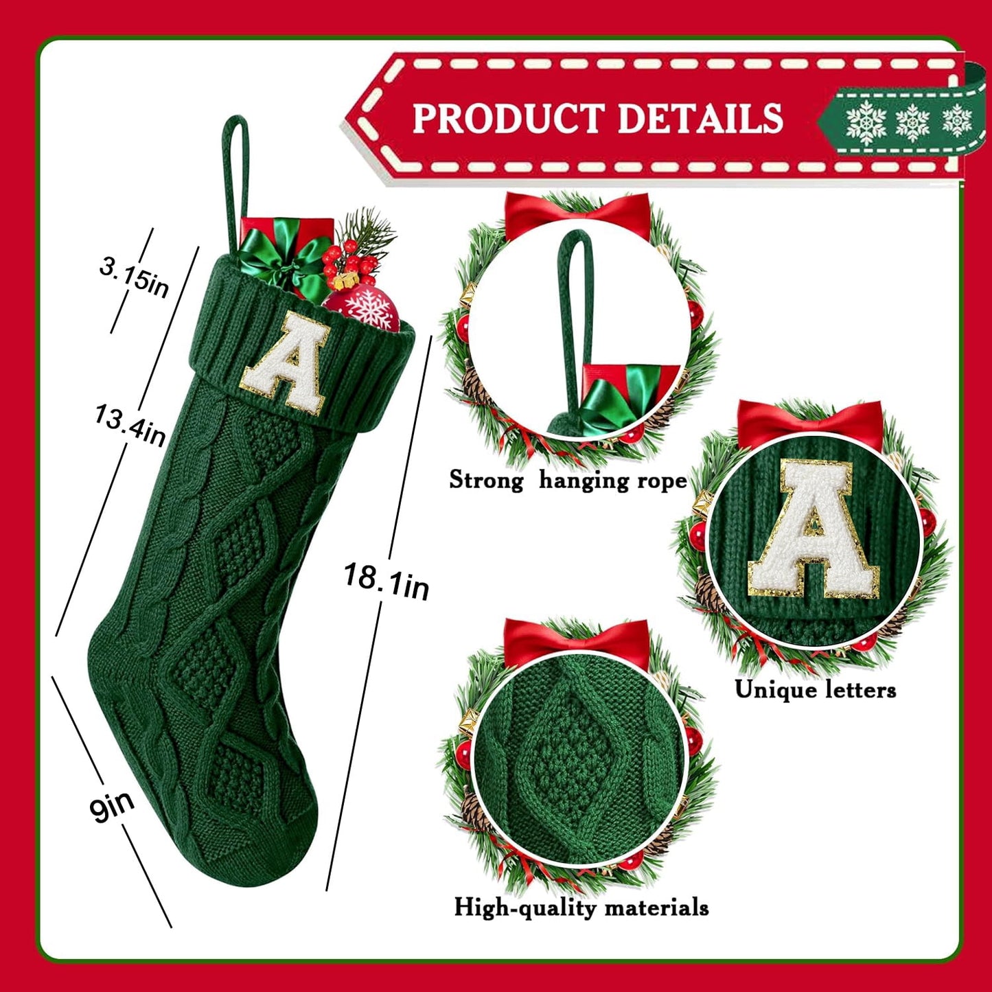 TETOU Christmas Stockings with Initials Letter 18" Stockings for Christmas Decoration- Green A