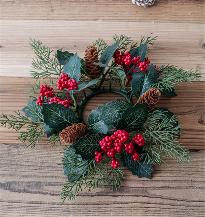 Tetou 2Pcs Christmas Candle Rings Wreath for Pillar Candle Holder, Artificial Christmas Wreath with Pinecones Red Berries for Fall Thanksgiving Home Table Centerpieces, Cabinet Decorations - Red