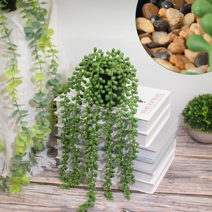 GUISANTO Fake Plants Indoor Artificial String of Pearls Plant in Black Pots, Realistic Green Faux Succulent Hanging Plants for Shelf Decor Desk Home Garden Decorations
