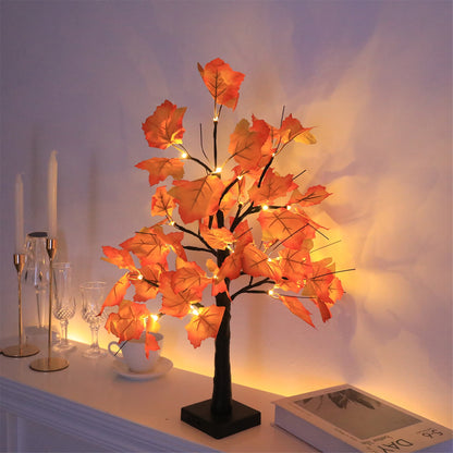 TETOU Artificial Fall Lighted Maple Tree,Battery Operated 24 LED Thanksgiving Fall Decorations Table Lights for Wedding Party Gifts Indoor Outdoor Autumn Harve'st Halloween Home Decor