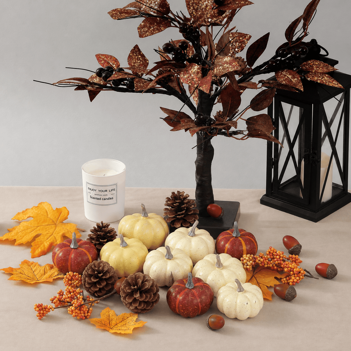 TETOU 23pcs Fall Pumpkin Decor Set, Mini Artificial Pumpkins Maple Pinecones Decor for Thanksgiving Halloween Autumn Fall Harvest Farmhouse Decorations