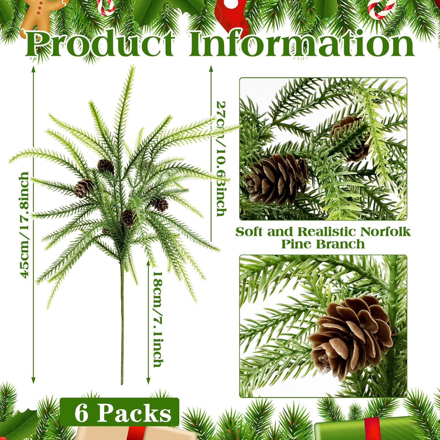 TETOU 6Pcs Norfolk Pine Branches with Pine Cones, 17.8"/45cm Artificial Xmas Norfolk Pine Branches for Christmas Indoor Outdoor Home Decor