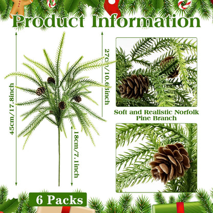 TETOU 6Pcs Norfolk Pine Branches with Pine Cones, 17.8"/45cm Artificial Xmas Norfolk Pine Branches for Christmas Indoor Outdoor Home Decor