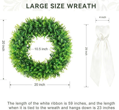 TETOU 20'' Boxwood Wreaths for Front Door,Artificial Spring Summer Wreath for Farmhouse Outside Year Round Hanging Wall St Patricks Day Decororation(Bow&Sash)