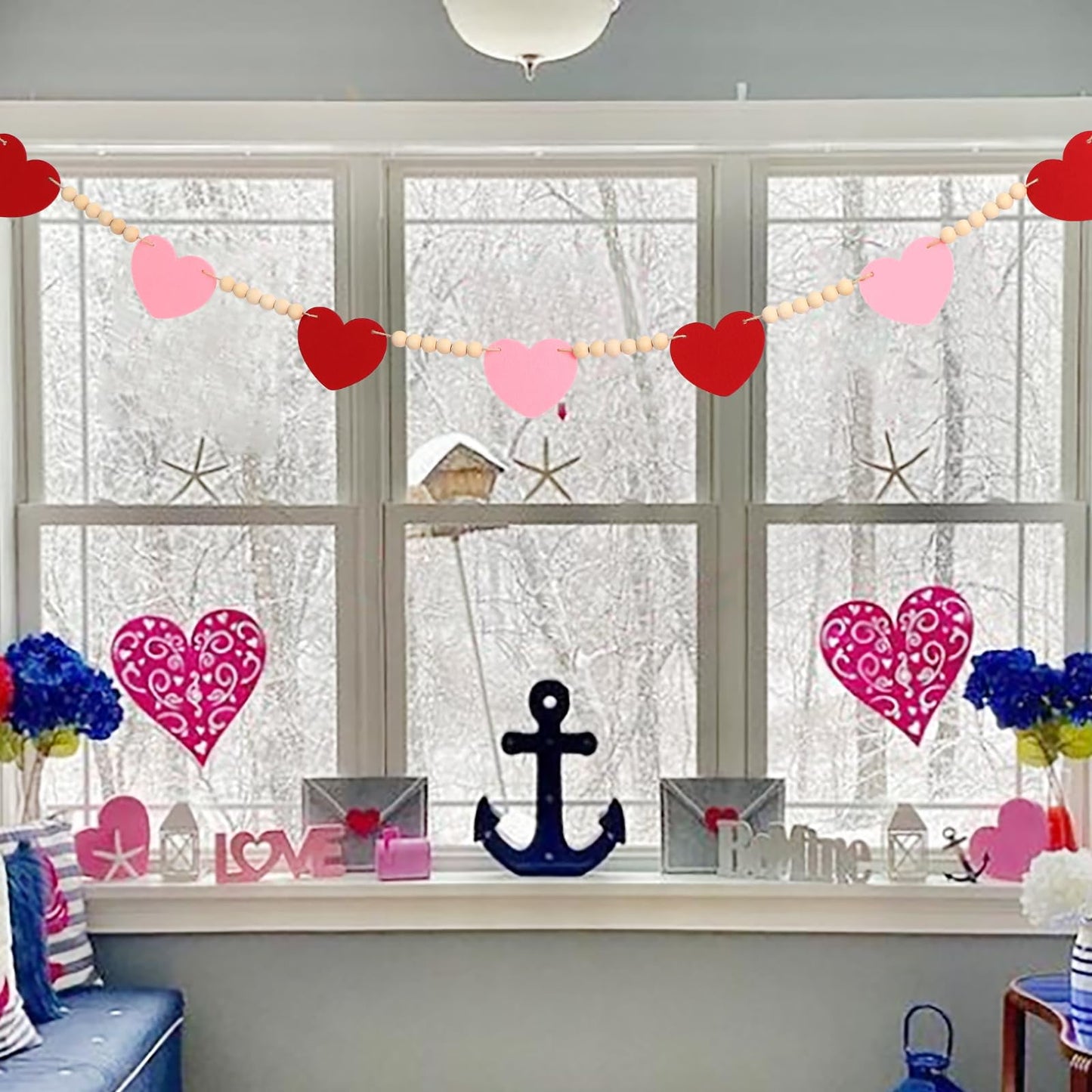 TETOU Valentines Day Decorations Red Pink Felt Heart Wood Beads Valentines Garland 4.5ft Felt Banner Fireplace Mantel Home Decor