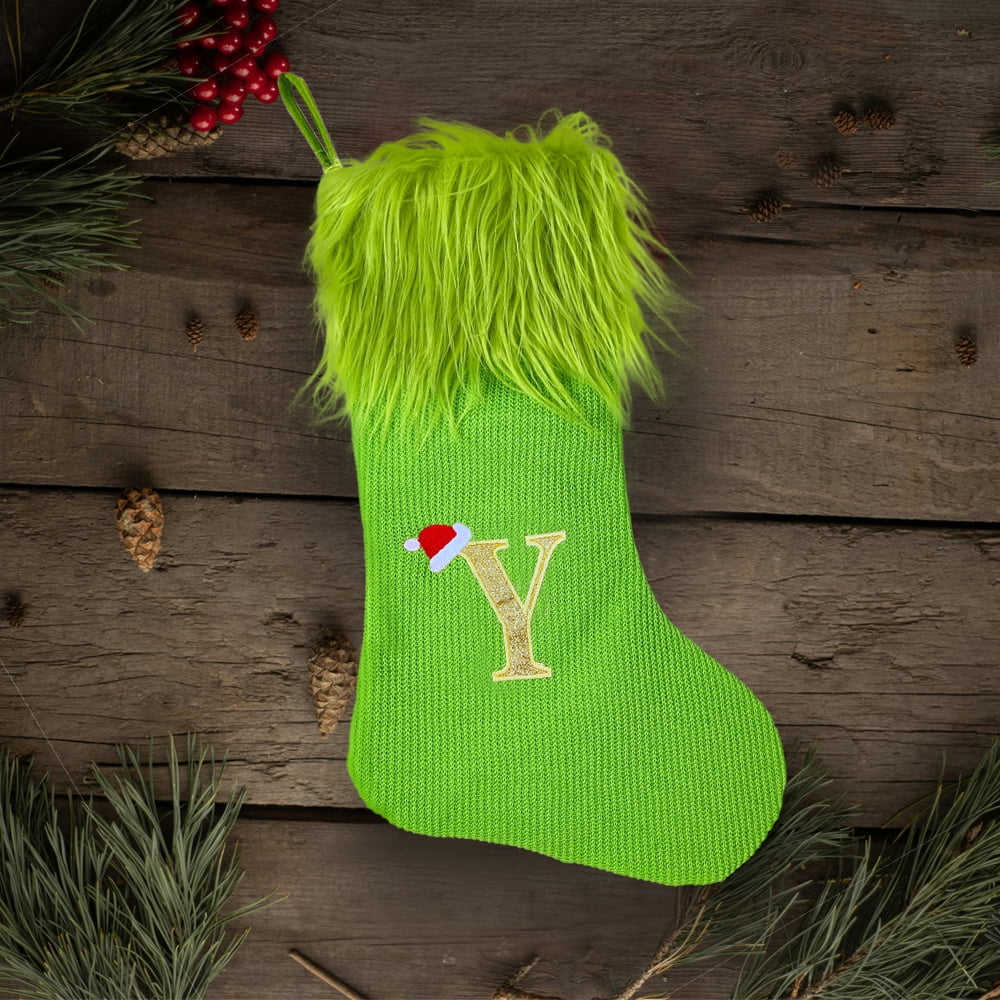 TETOU 18" Personalized Monogram Christmas Stockings, Green Elf Hanging Cozy Faux Fur Soft Christmas Stocking Treat Bag Candy Pouch Holder for Fireplace Gift Present Xmas Tree Decoration - M