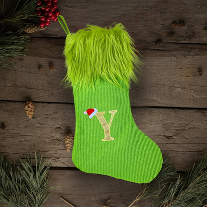 TETOU 18" Personalized Monogram Christmas Stockings, Green Elf Hanging Cozy Faux Fur Soft Christmas Stocking Treat Bag Candy Pouch Holder for Fireplace Gift Present Xmas Tree Decoration - M