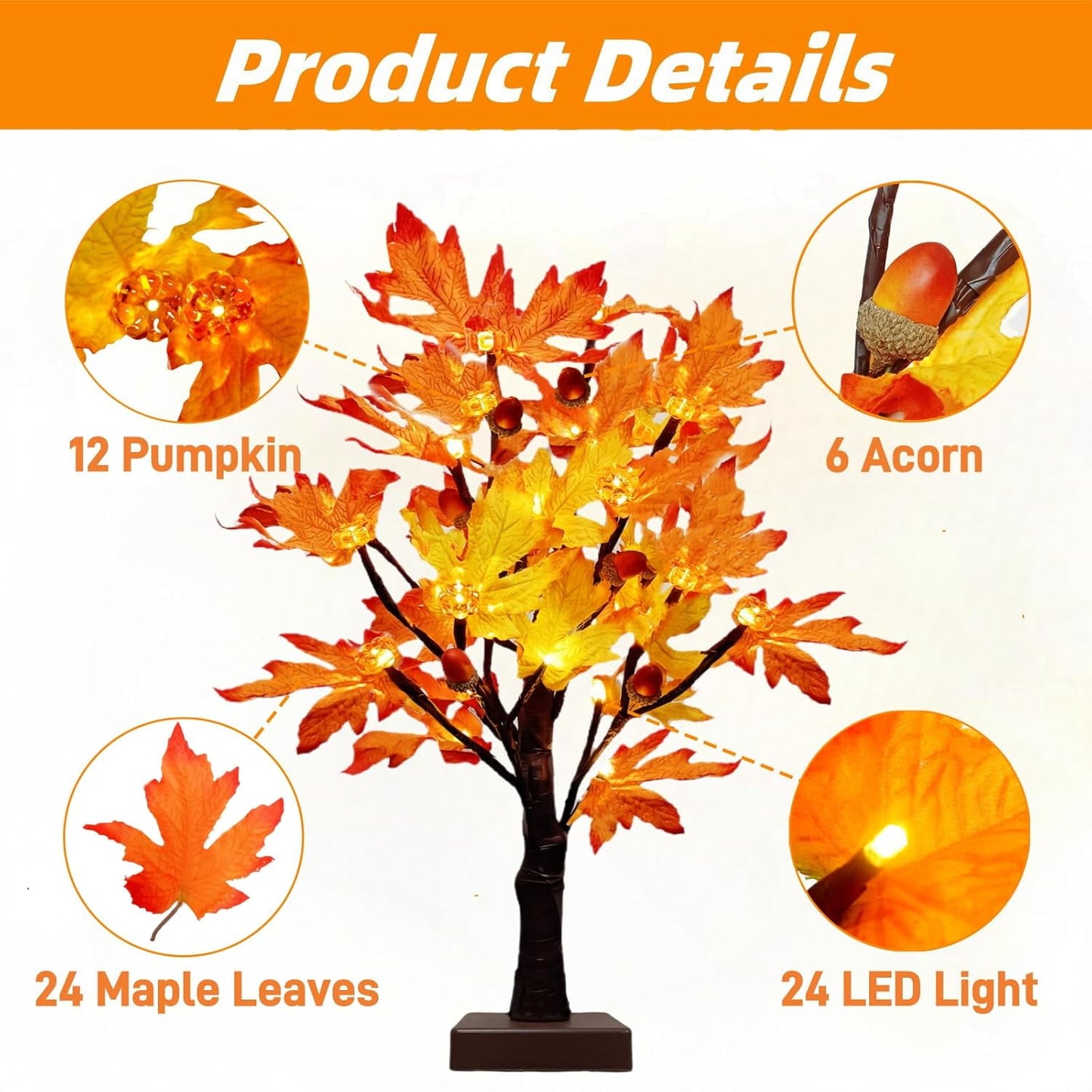 TETOU 2Pack Lighted Fall Maple Tree, USB & Battery Operated Artificial Fall Light up Trees with 48LED & timer, Fall Decorations for Home Party Indoor Outdoor Thanksgiving Autumn Har'vest