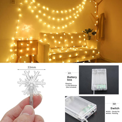 TETOU Christmas Decorations Lights,20 Ft 40 LED Snowflake String Lights Battery Operated Fairy Lights for Bedroom Room Party Home Xmas Tree Indoor Outdoor Decorations (Warm White)