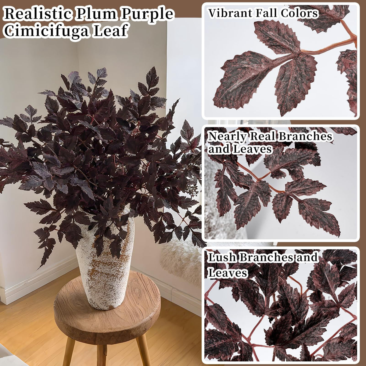 TETOU 3 Pcs 32" Artificial Cimicifuga Plant Leaf Stems,Fall Faux Plum Cimicifuga Ramosa Leaf Branch for Autumn Harvest Halloween Home Vase Wedding Farmhouse Table Mantel Decor