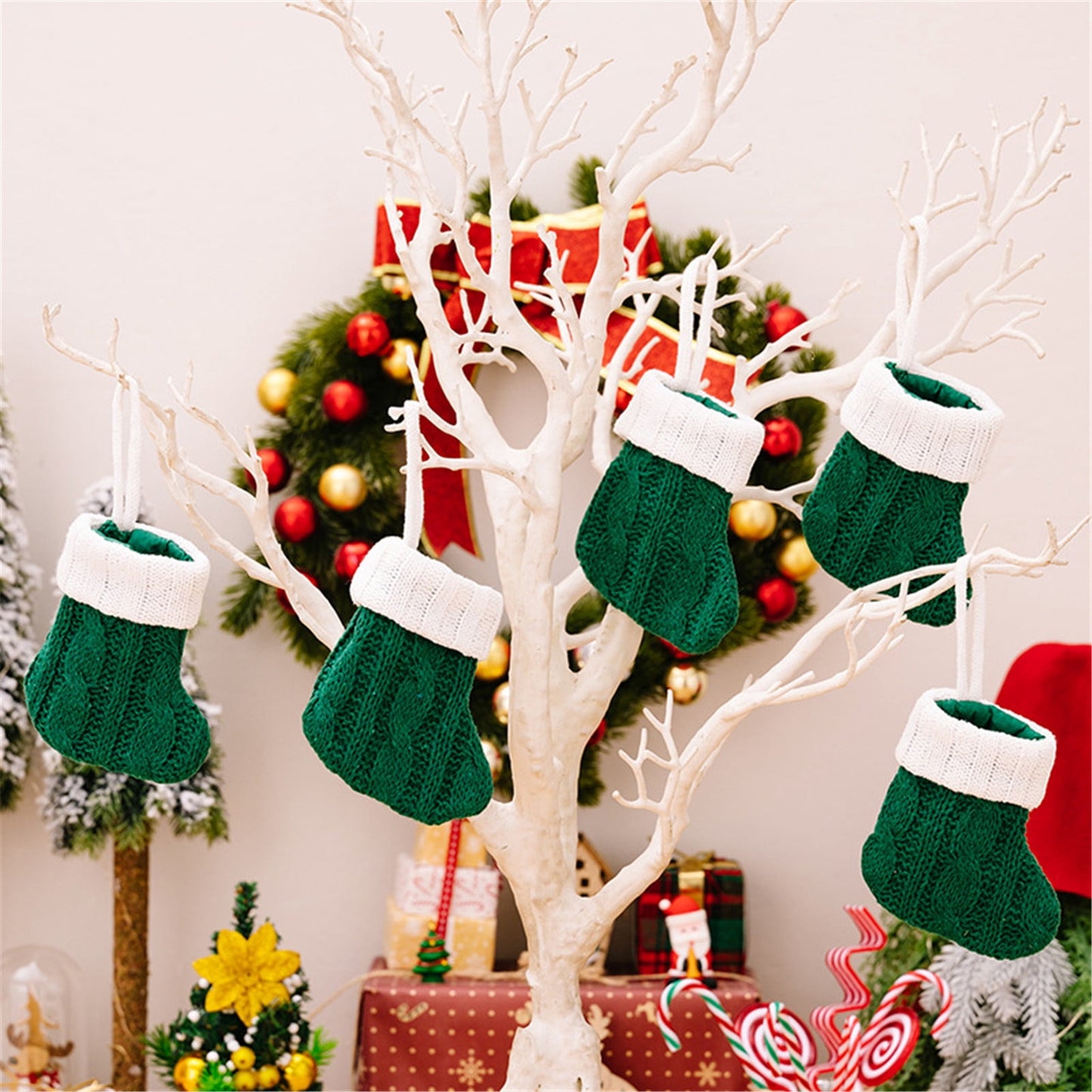 TETOU 12pcs Christmas Mini Stockings Knitted Xmas Classic Small Stocking Fireplace Holiday Hanging Decor