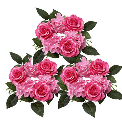 3 Pack Artificial Rose Candle Ring Flower Wreaths for Candlestick Wedding Table Decoration