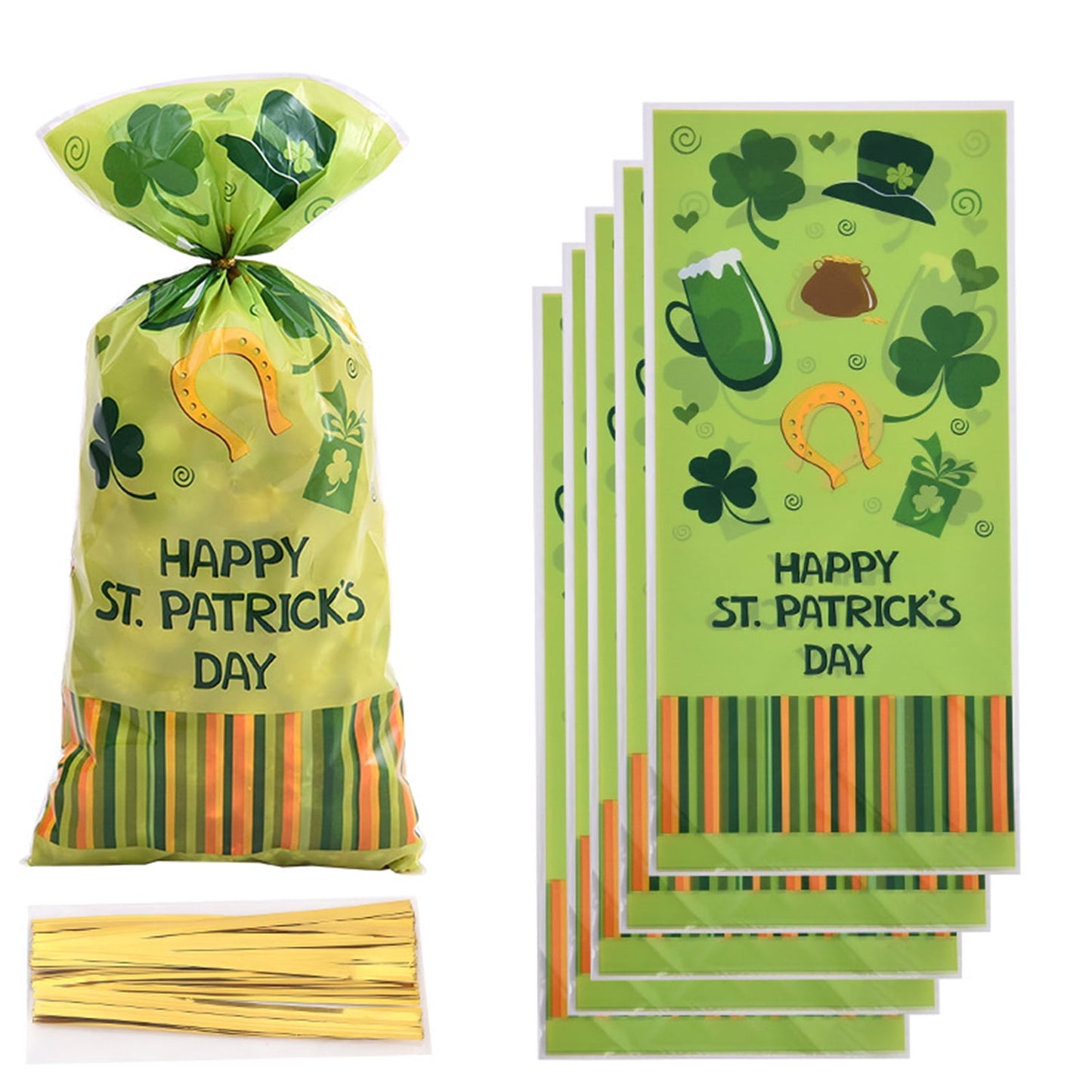 TETOU 50pcs St. Patrick Candy Treat Bags Cellophane Gift Snack Bag with Ties Party Favor Supplies