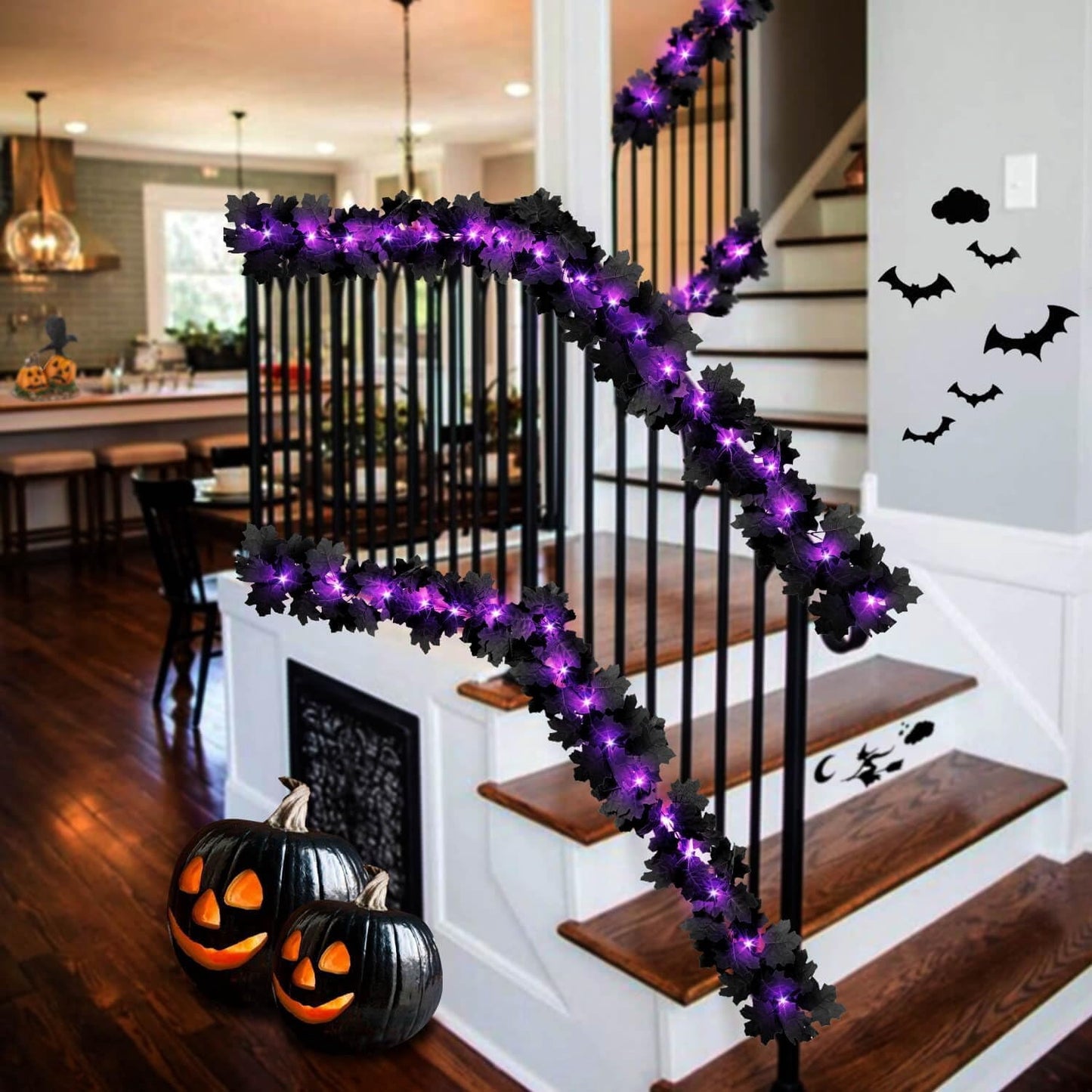 TETOU 2PCS Black Maple Leaf Garland with Purple Lights,5.7Ft Halloween Artificial Hanging Fall Leave Vines for Fall Halloween Party Home Mantle Wall Indoor Outdoor Decoration