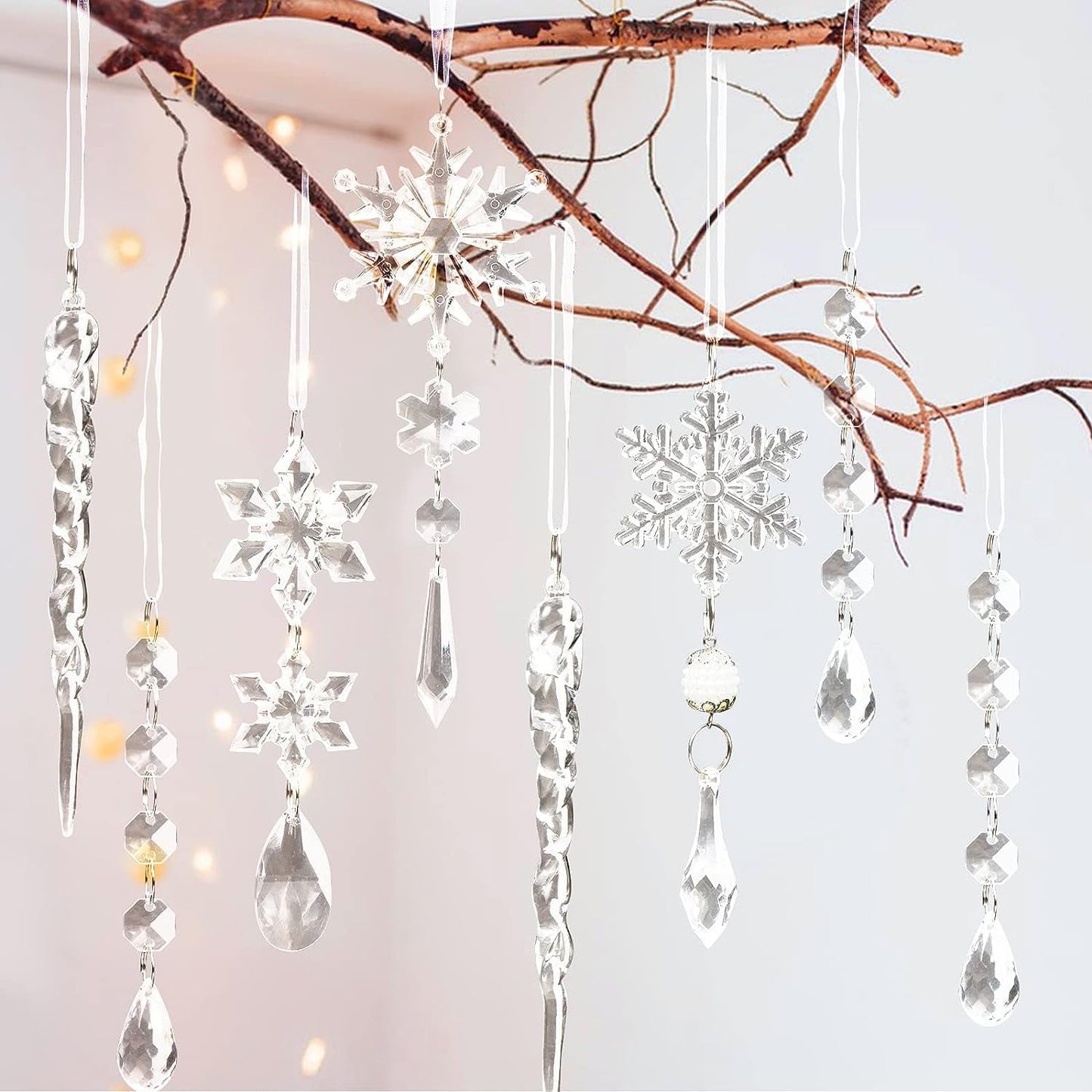 TETOU 20Pcs Christmas Decoration Crystal Ornaments, Hanging Acrylic Christmas Snowflake Icicle Drop Crystal Ornaments for Christmas Tree Winter New Year Party Decoration