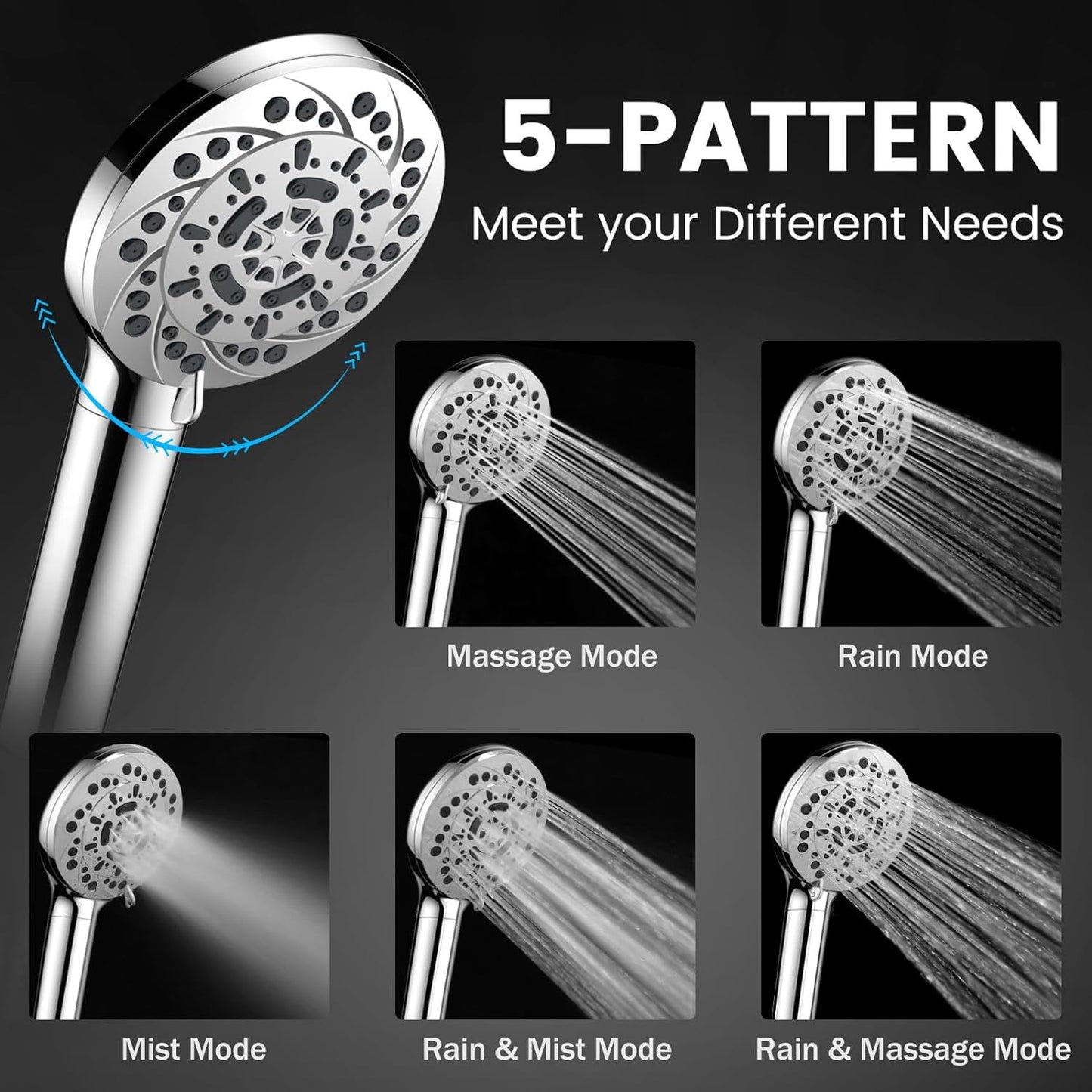 TETOU High Pressure Shower Heads, 5 Spray Modes Filtered Hose Filter Shower Head with Handheld for Hard Water Remove Chlorine and Harmful Substance