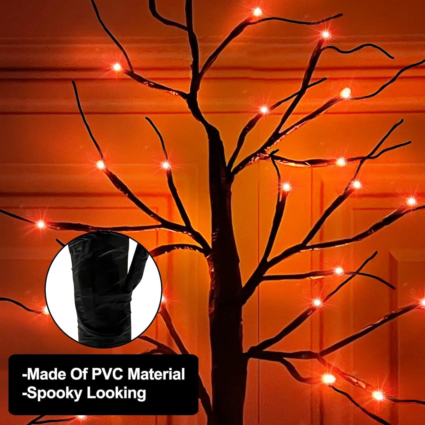 TETOU 2pcs-24inch Halloween Lighted Birches Tree,Total 24 LED Battery Operated Artificial Black Spooky Tree with Timer Hallowe'en Decoration for Fall Home,Bedroom,Office,Wedding,Indoor Party-Orange