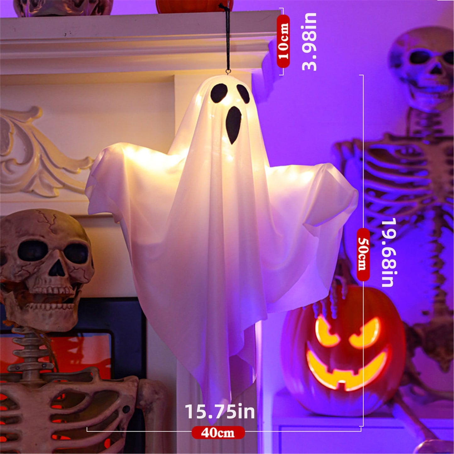 TETOU Halloween LED Hanging Ghosts, 19.68" Cute Glowing Flying Ghost for Halloween Party Front Yard Patio Lawn Garden Holiday Decor - White