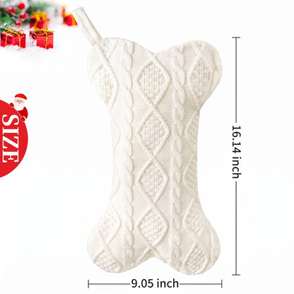 TETOU Dog Christmas Stocking, Bone Shape Knit Stocking, Xmas Dog Stocking, Hanging Christmas Decoration for Dogs Cats Pets Xmas Holiday Indoor Party-White