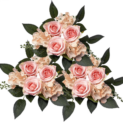 3 Pack Artificial Rose Candle Ring Flower Wreaths for Candlestick Wedding Table Decoration