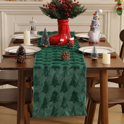 TETOU Christmas Tree Jacquard Table Runner 13x72 Inch Soft Plush Faux Fur Table Decoration for Christmas Home Party - Green
