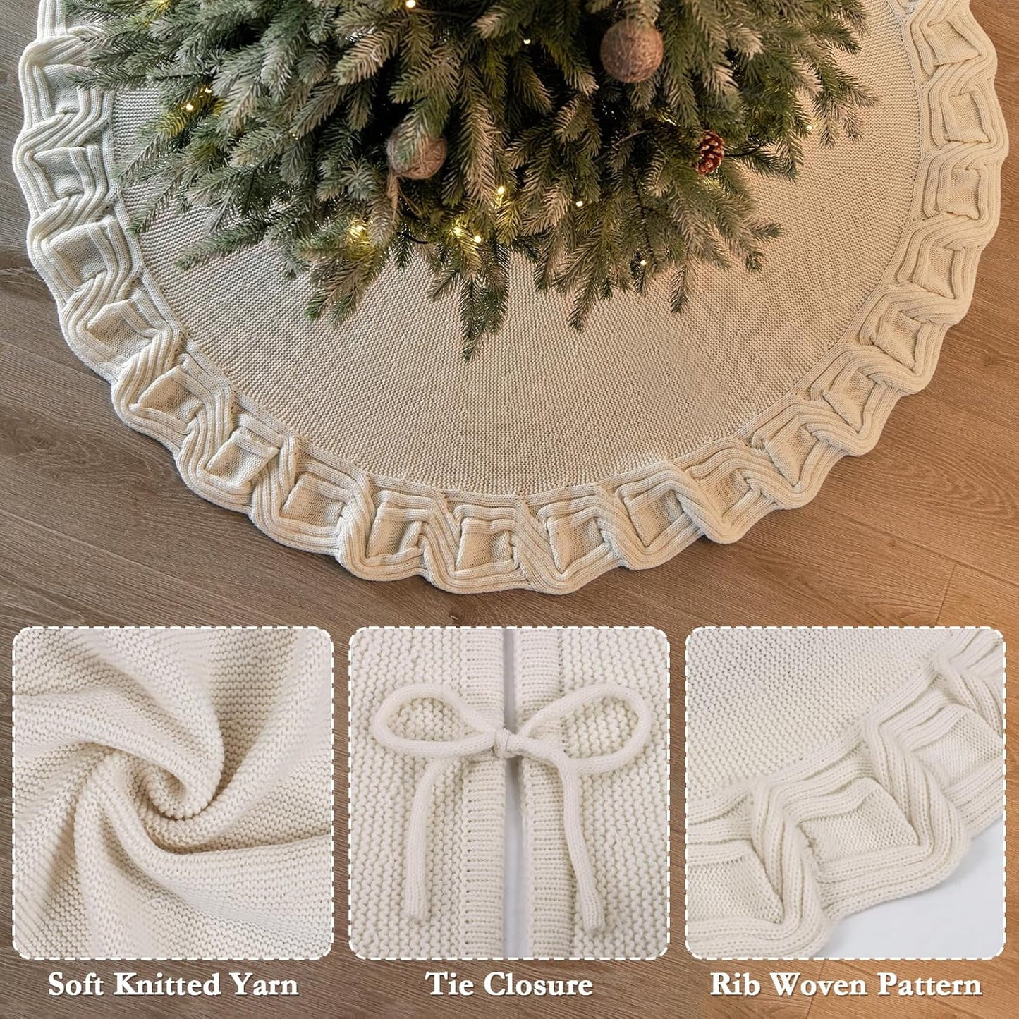 TETOU Knitted Christmas Tree Skirt 48 inches White Tree Skirt Rustic Christmas Tree Decorations Holiday Party Decor