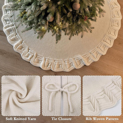 TETOU Knitted Christmas Tree Skirt 36 inches White Tree Skirt Rustic Christmas Tree Decorations Holiday Party Decor