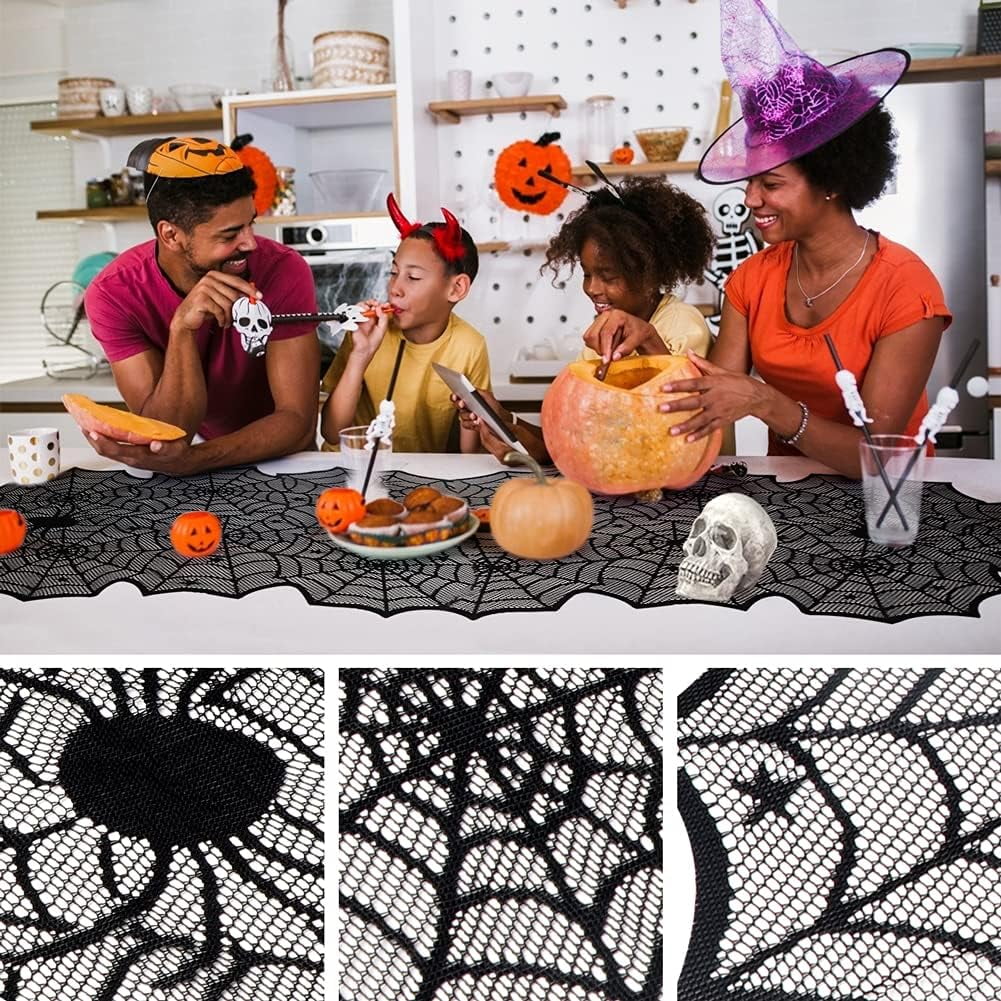 TETOU 13 x 72Inch Halloween Table Runner,Black Lace Spider Web Gothic Table Runners for Halloween Party Dinner Table Decoration