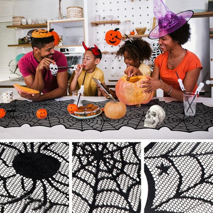 TETOU 13 x 72Inch Halloween Table Runner,Black Lace Spider Web Gothic Table Runners for Halloween Party Dinner Table Decoration