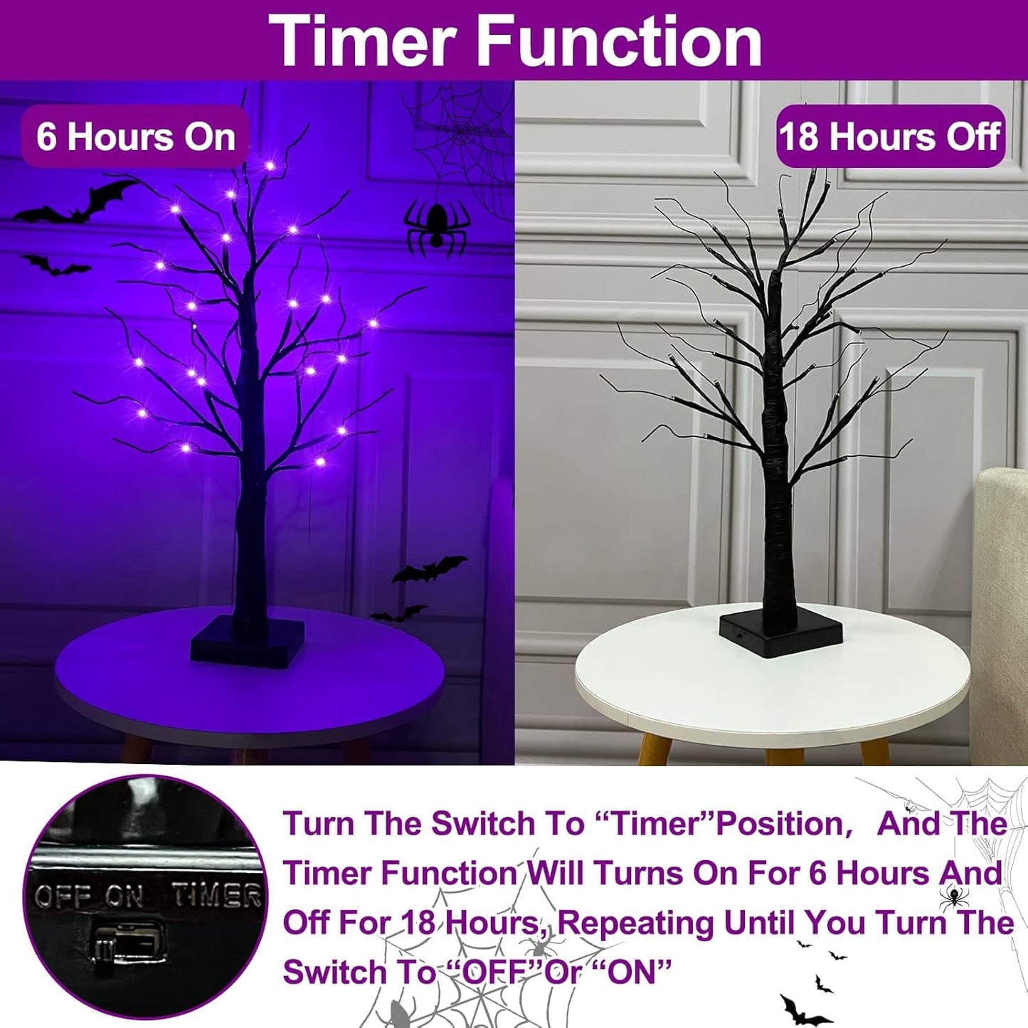 TETOU 2pcs-24inch Halloween Lighted Birches Tree,Total 24 LED Battery Operated Artificial Black Spooky Tree with Timer Hallowe'en Decoration for Fall Home,Bedroom,Office,Wedding,Indoor Party-Purple