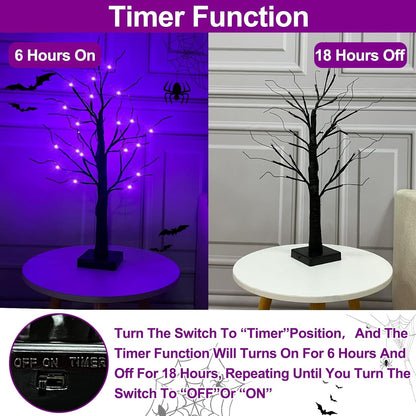 TETOU 2pcs-24inch Halloween Lighted Birches Tree,Total 24 LED Battery Operated Artificial Black Spooky Tree with Timer Hallowe'en Decoration for Fall Home,Bedroom,Office,Wedding,Indoor Party-Purple