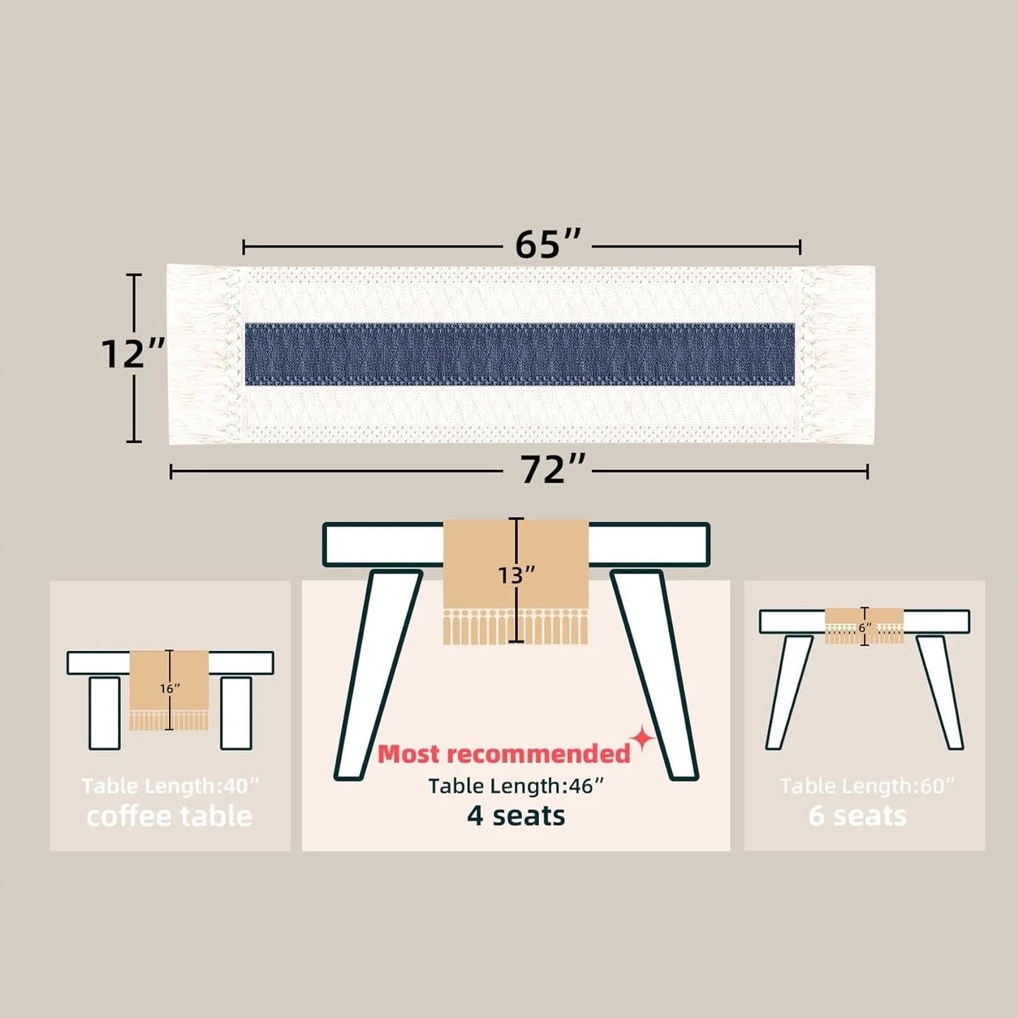 TETOU Boho Blue Table Runner with Tassels 72 Inches Long Macrame Farmhouse Table Runners for Home Decor Party Bohemian Rustic Bridal Shower Dining Decorations(12x72 Inches)