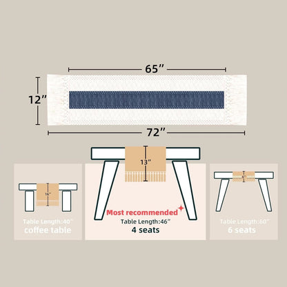 TETOU Boho Blue Table Runner with Tassels 72 Inches Long Macrame Farmhouse Table Runners for Home Decor Party Bohemian Rustic Bridal Shower Dining Decorations(12x72 Inches)
